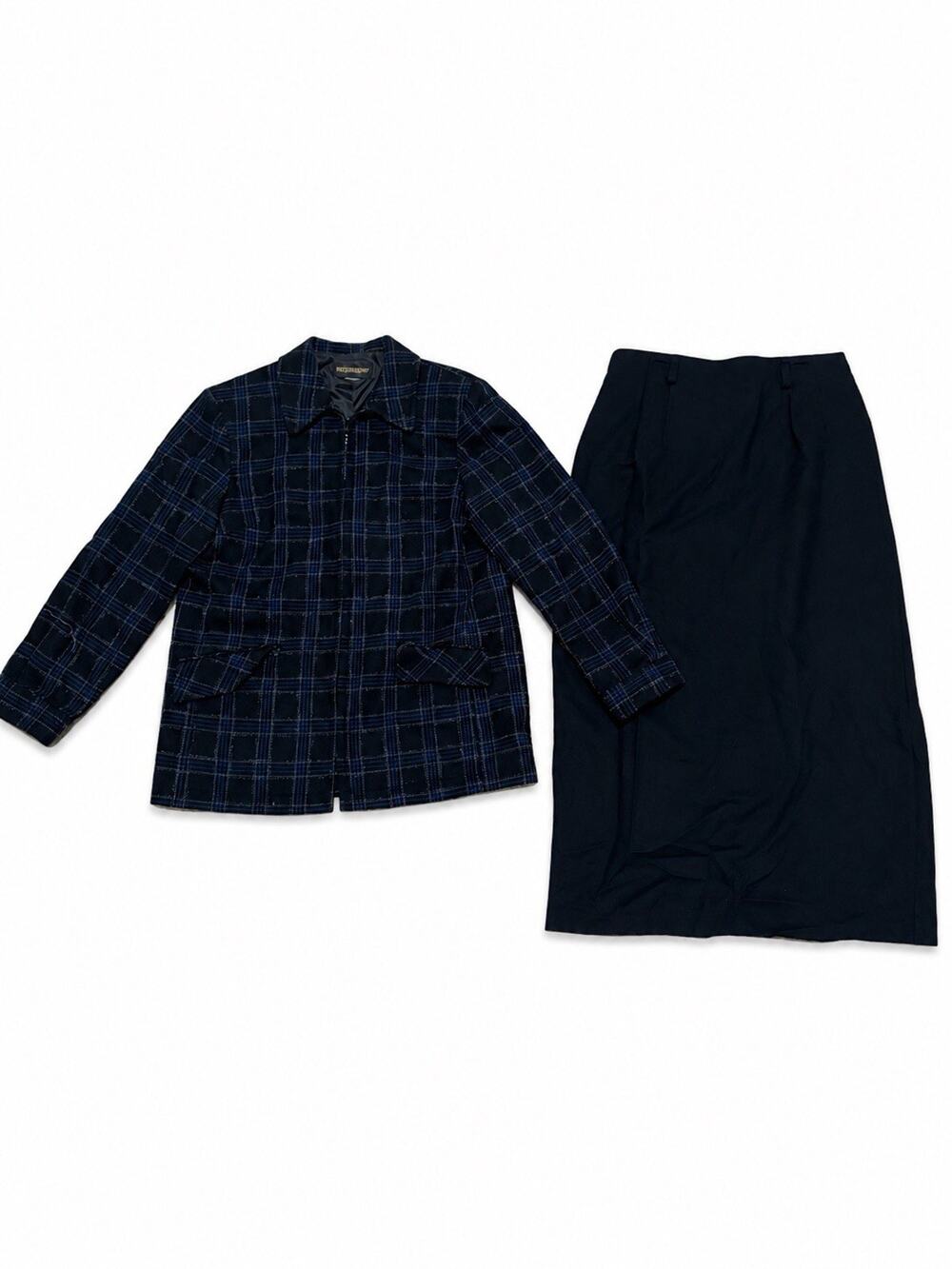 Requirements Womens Medium Black Blue Plaid Jacket & Maxi Skirt 2 Piece Set